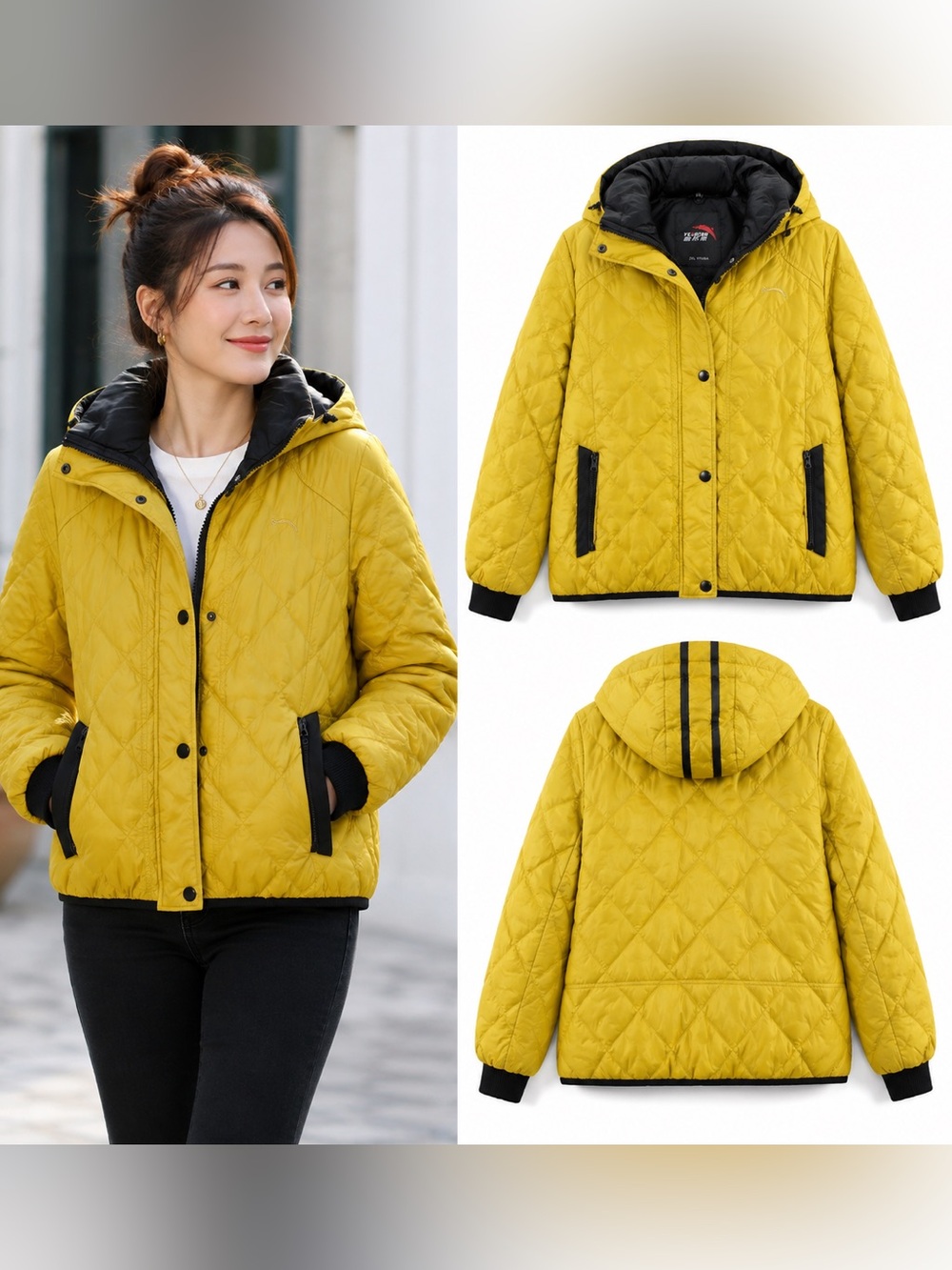 YEARCON Unisex Mustard Yellow Quilted White Duck Down Hooded Jacket